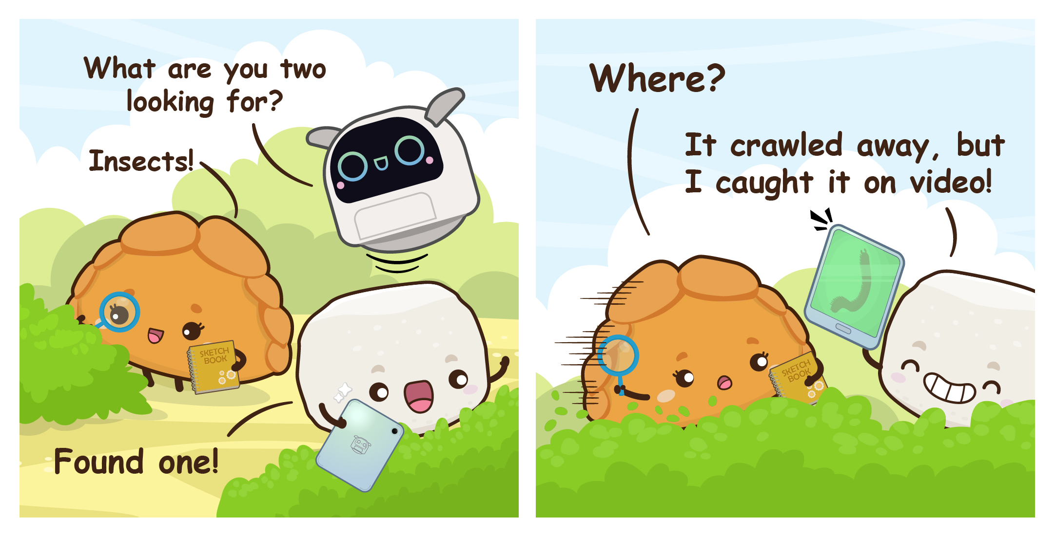 Two-panel comic where Pok Pok and Bouncy search for insects outdoors, with Bouncy recording a video of a caterpillar on his tablet.